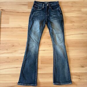 Sky Jeans Dark Distressed Bootcut Jeans Sequin Embellished Back Pockets size 1